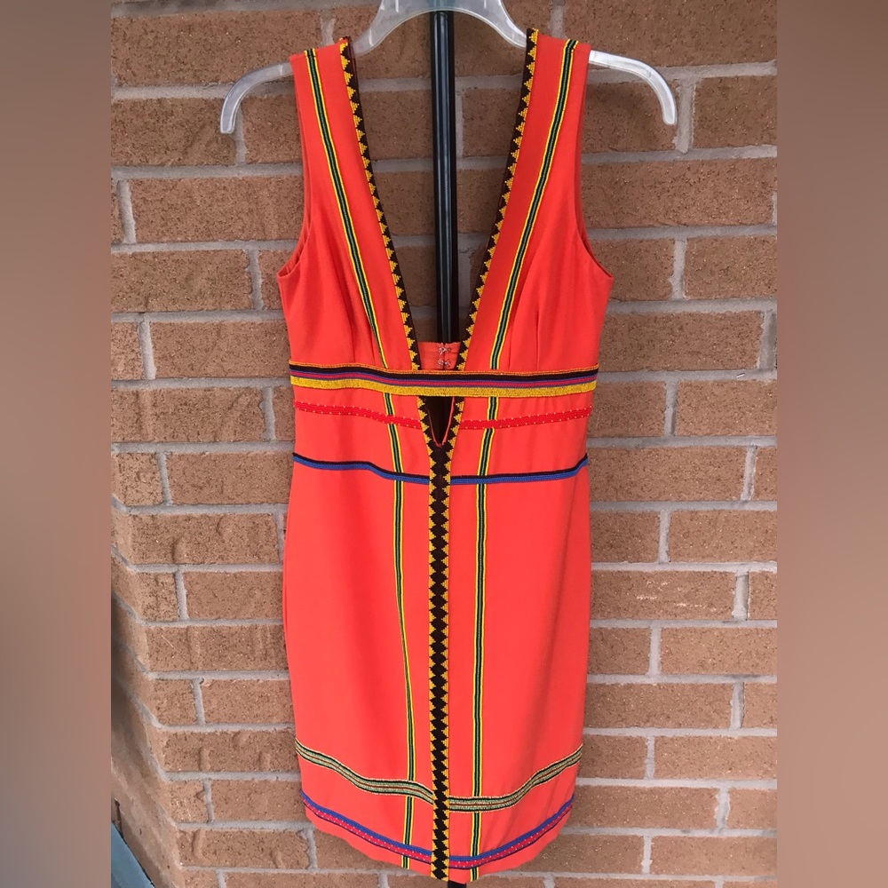 Red dress w embroidered beads, new, never worn, Nicole Milller, size 4